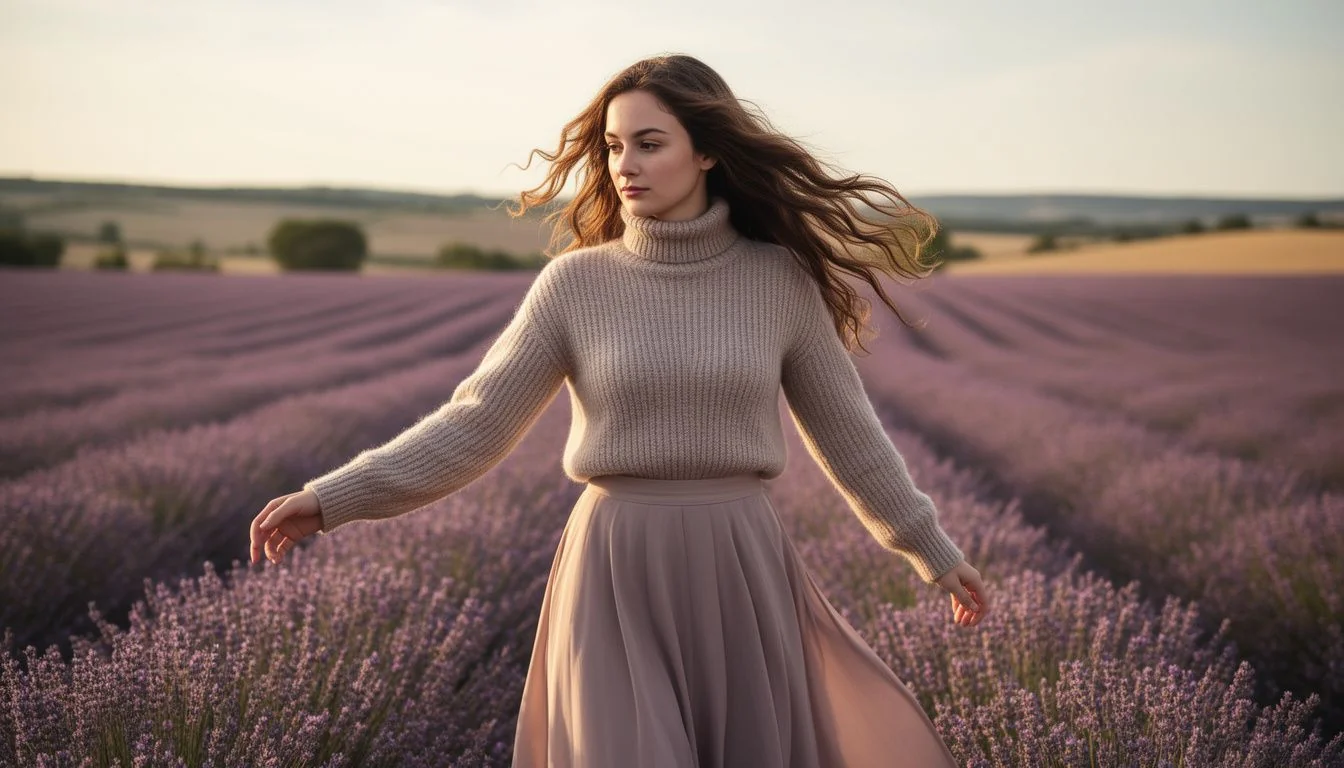 A woman twirling in a lavender field wearing a turtleneck and maxi skirt