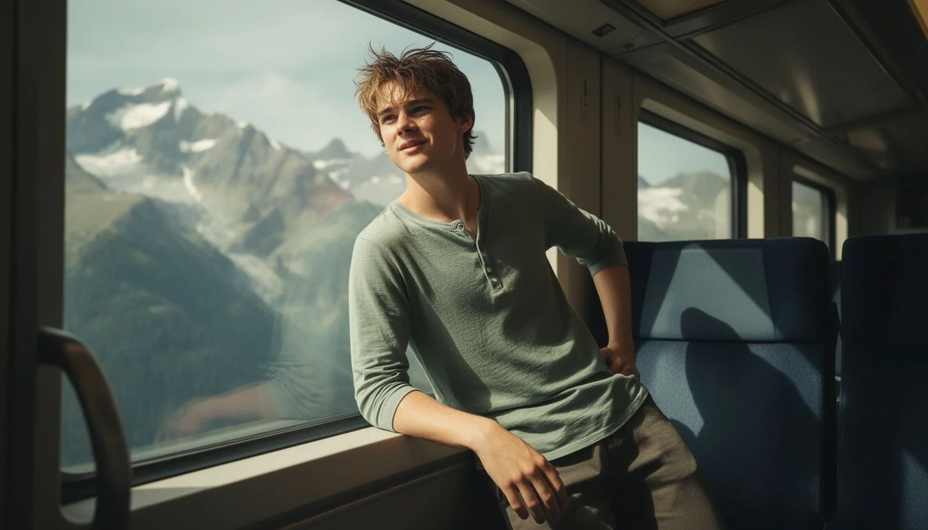 Young man in henley shirt on train in Alps, energetic vibe, cinematic lighting