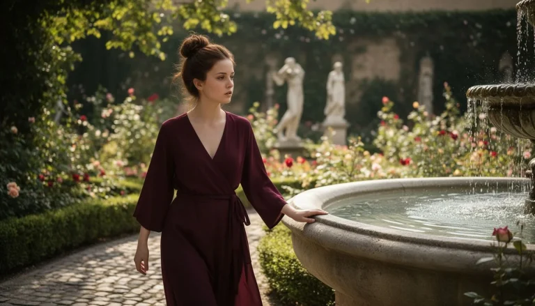 Девушка в бордовом платье у фонтана в ренессансном саду, размышляет.